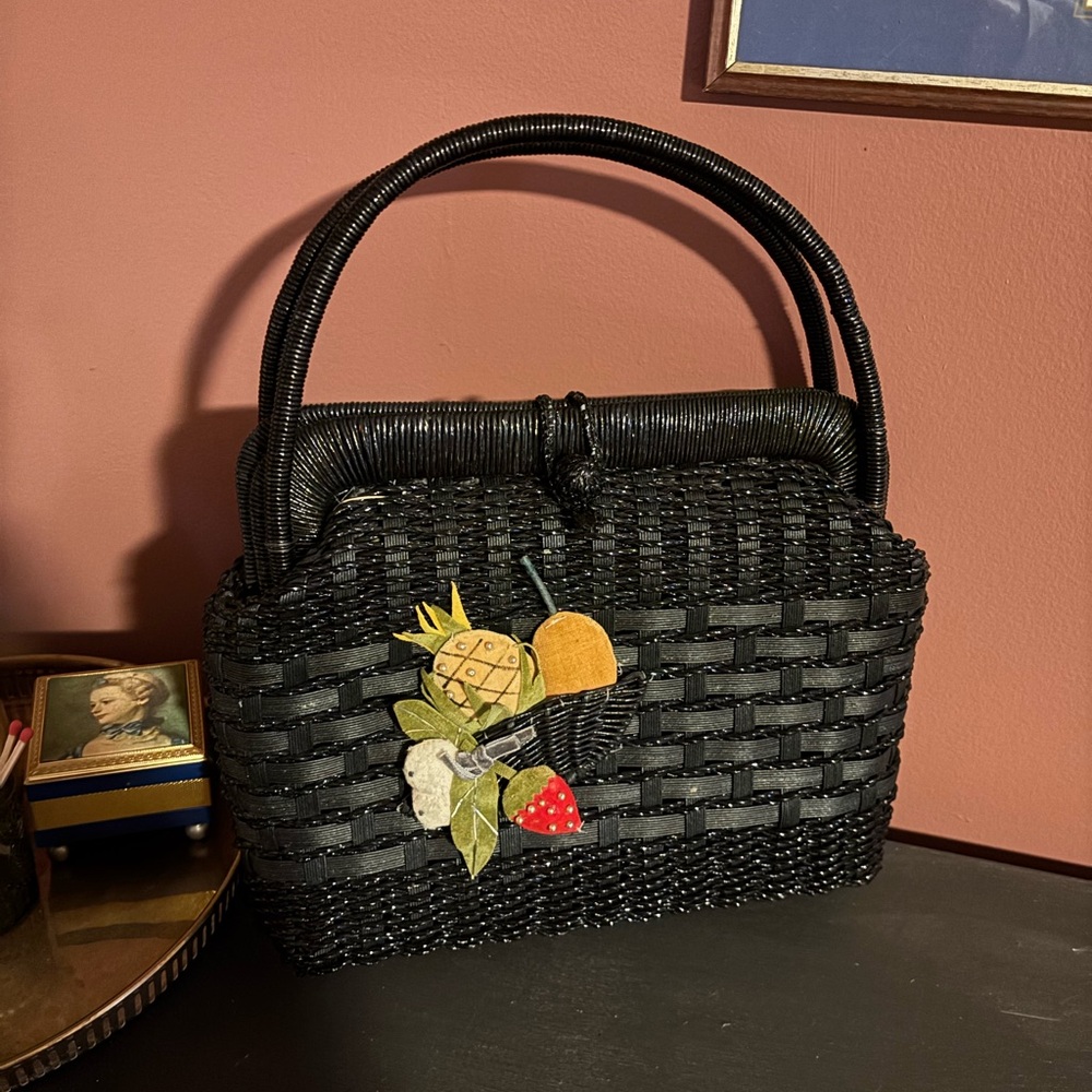 1950s Black Wicker Handbag with Fruit Appliqué